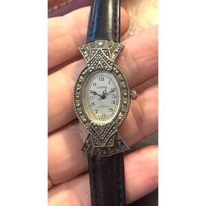 VTG Women's Deco Style Vienna Watch, Black Leather Band